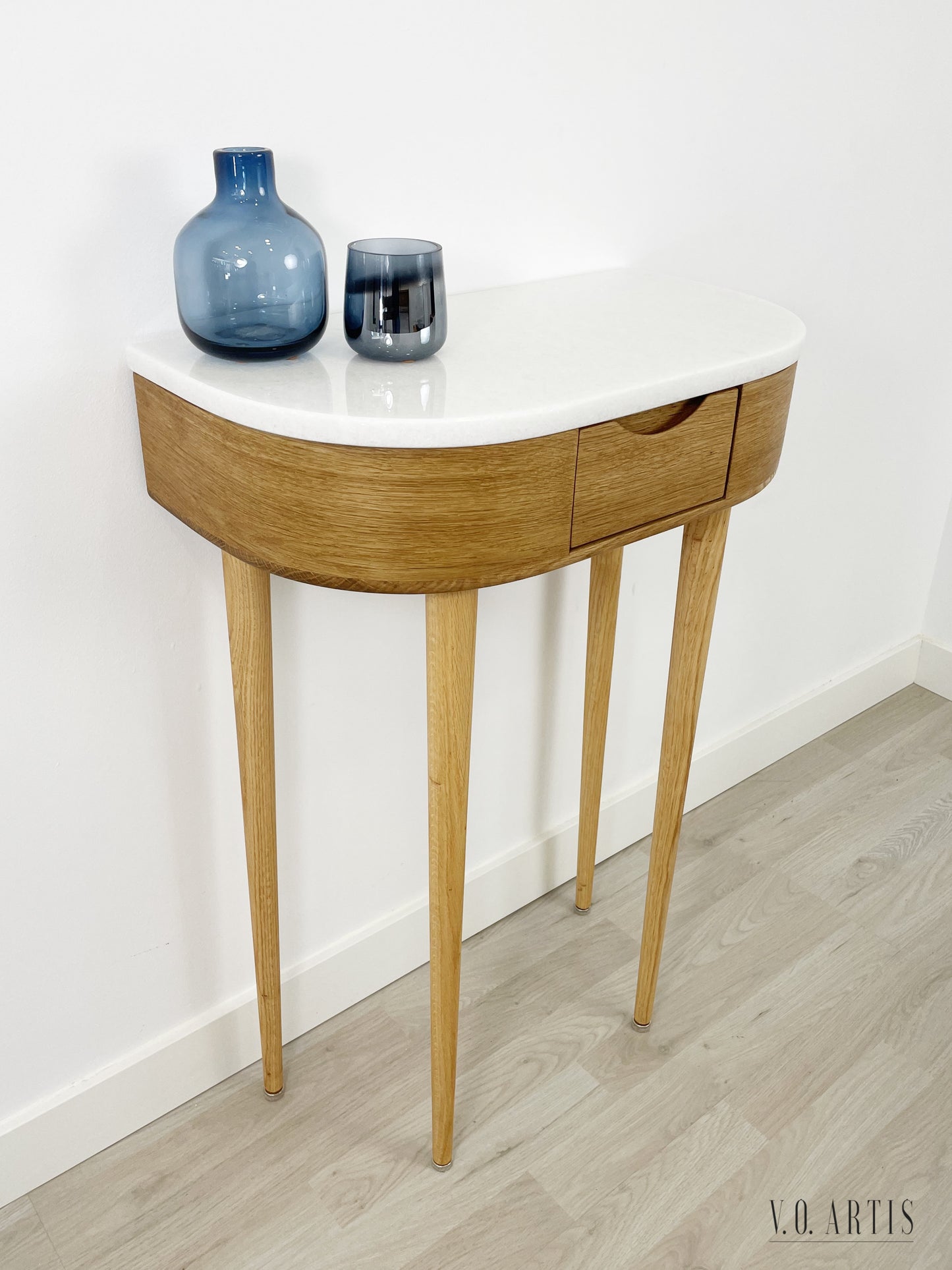 Console table small  in Oak or Walnut with Marble top