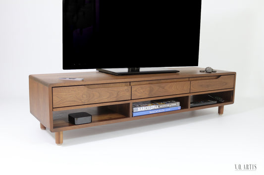 TV Stand, TV Cabinet, TV Console with 3 drawers and shelves in solid American Walnut or Oak