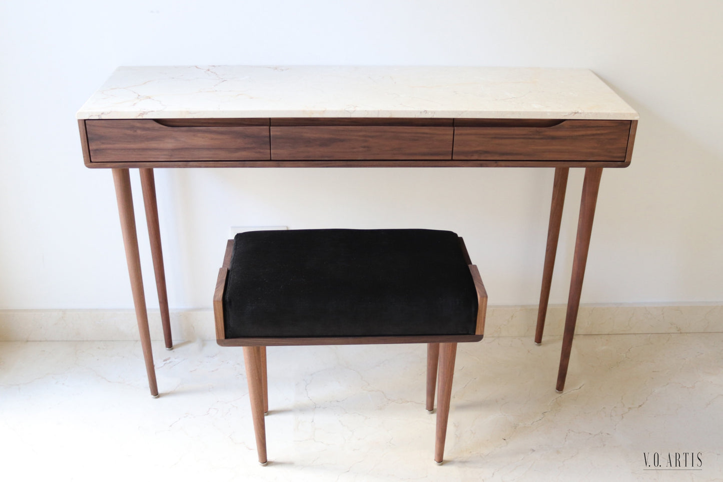 Console table with 3 drawers and 4 Legs in solid American Walnut with Marble top