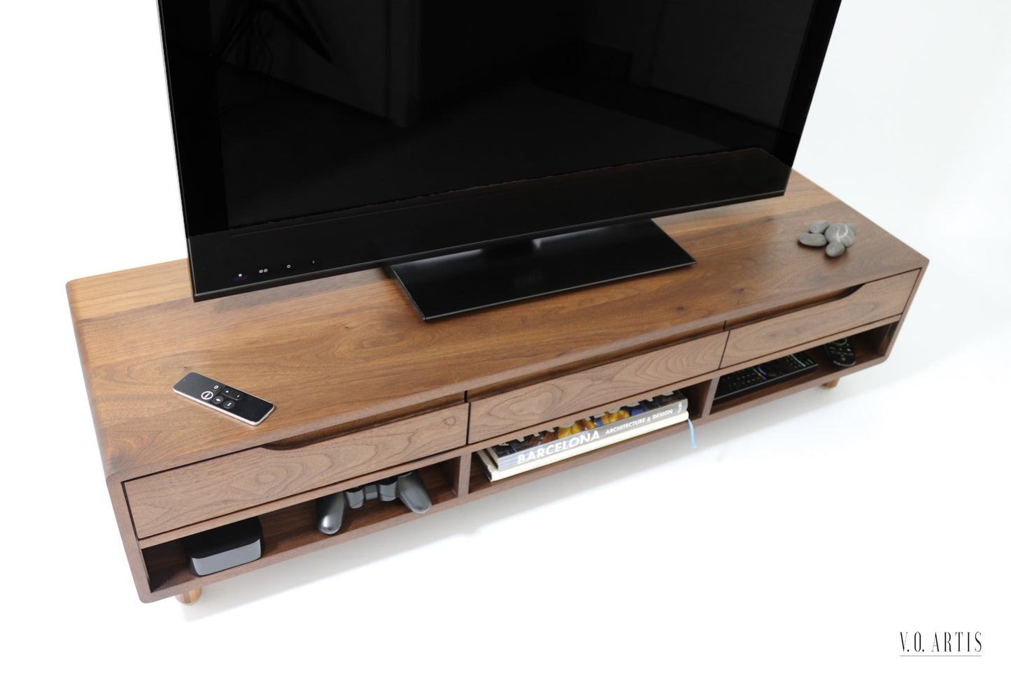 TV Stand, TV Cabinet, TV Console with 3 drawers and shelves in solid American Walnut or Oak