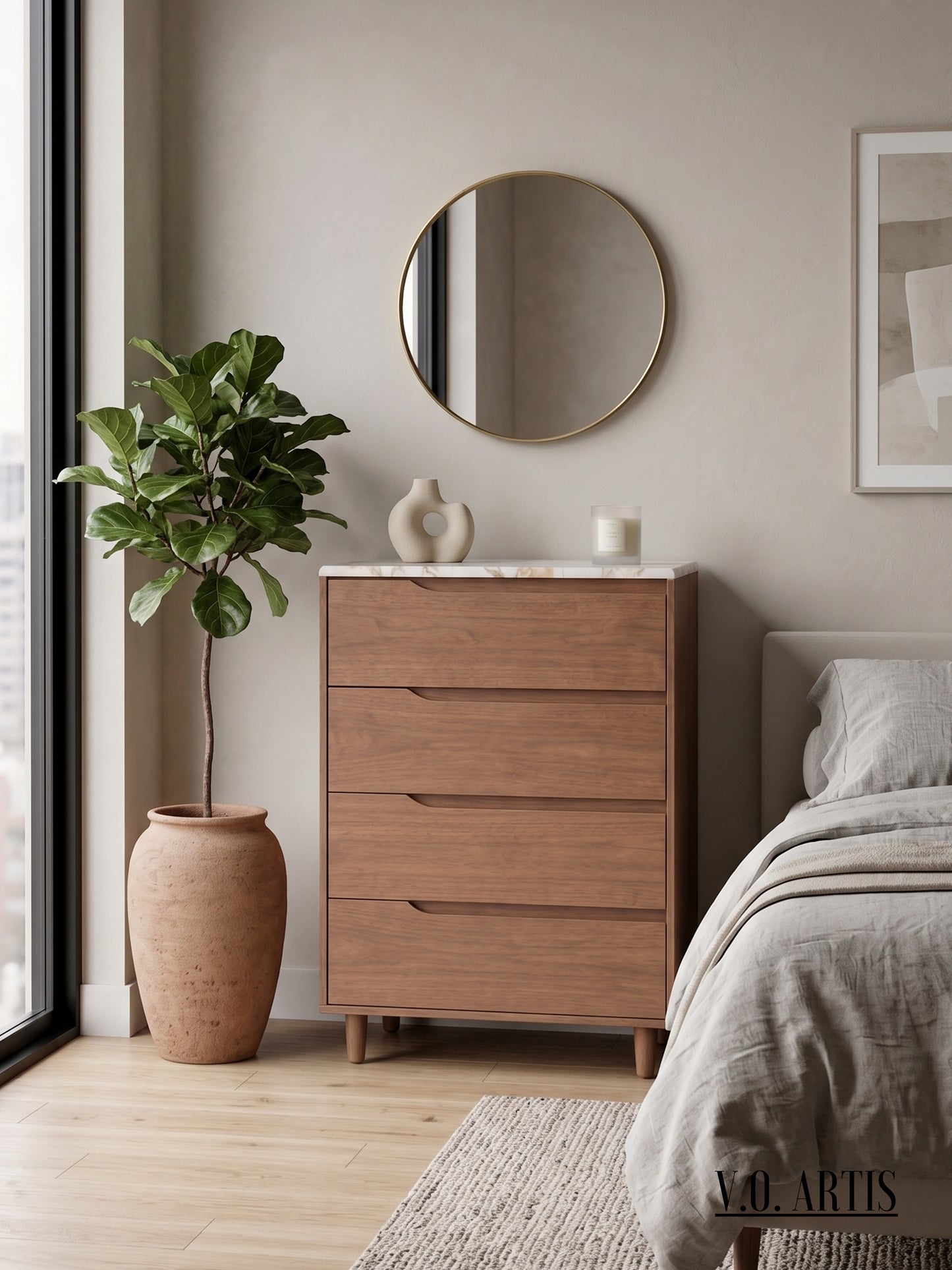 Solid Oak Walnut 4-Drawer Dresser | Marble Top Chest | Handmade Spain