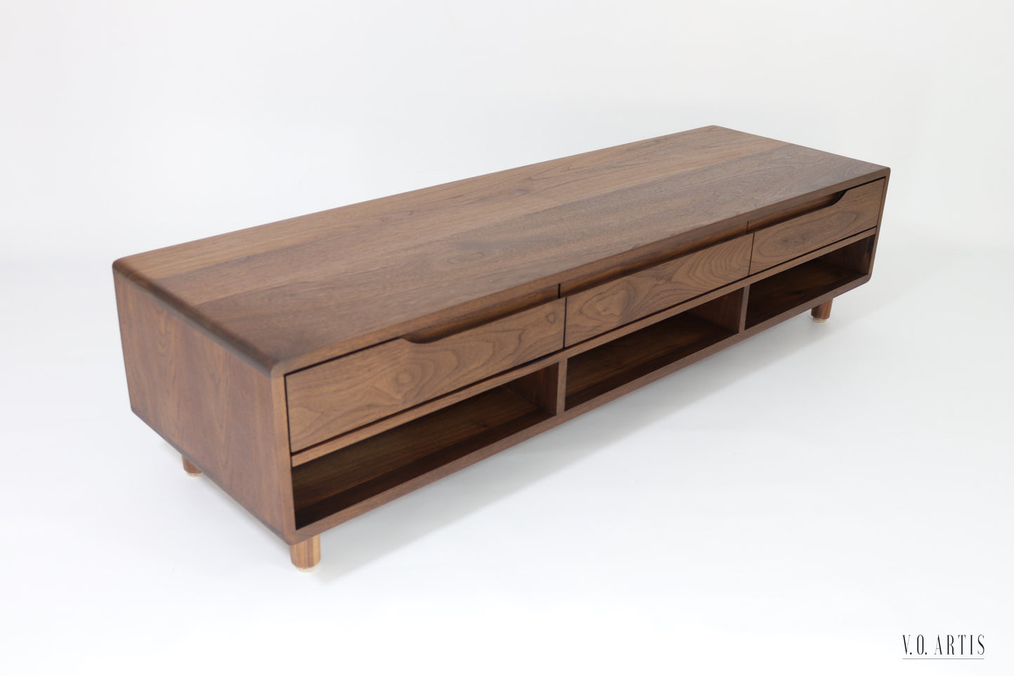 TV Stand, TV Cabinet, TV Console with 3 drawers and shelves in solid American Walnut or Oak