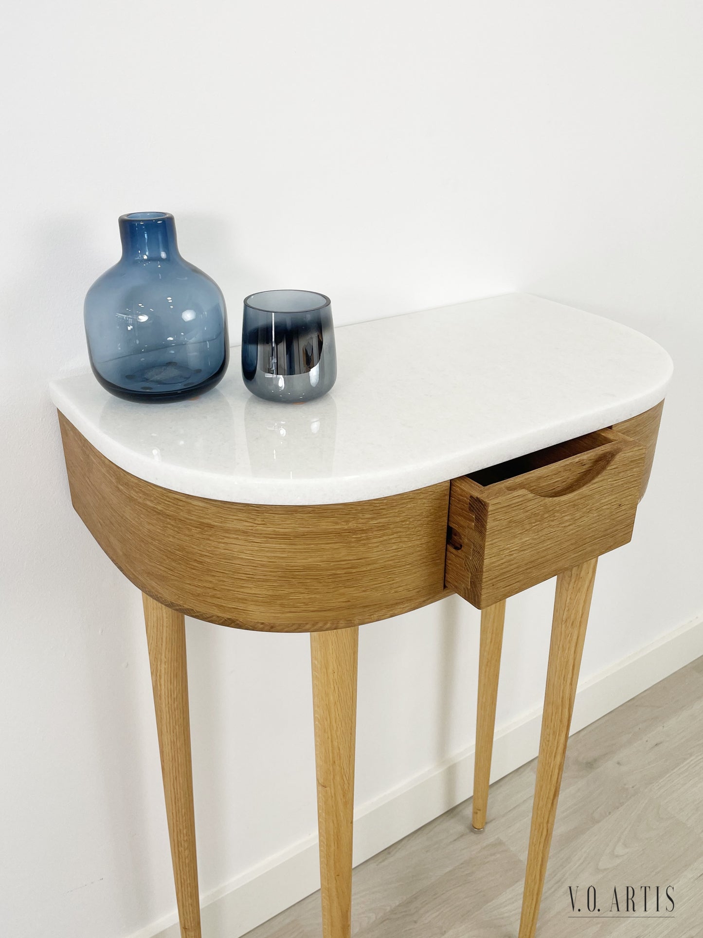 Console table small  in Oak or Walnut with Marble top