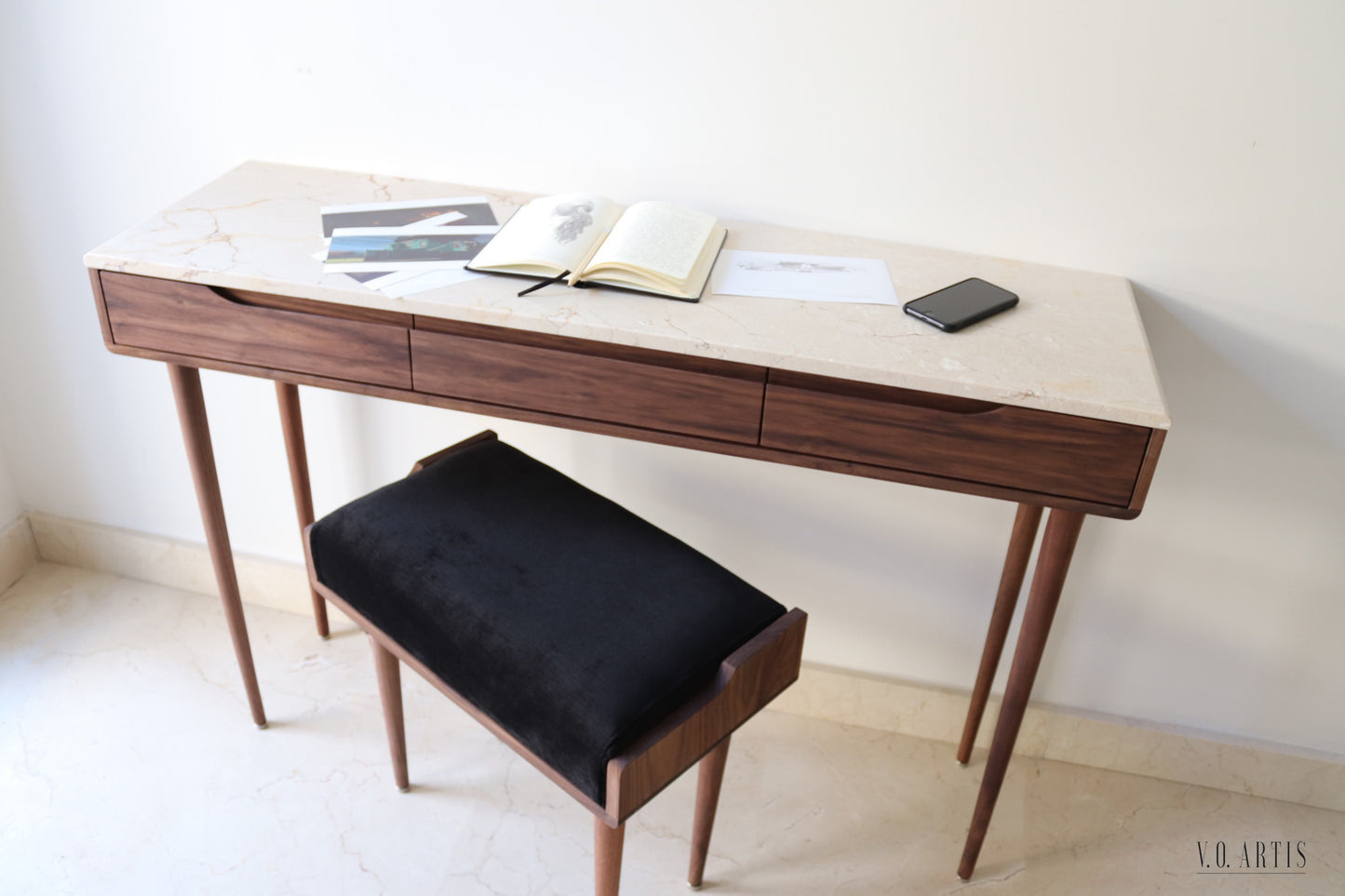 Console table with 3 drawers and 4 Legs in solid American Walnut with Marble top