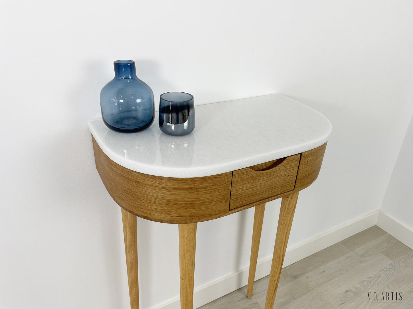 Console table small  in Oak or Walnut with Marble top