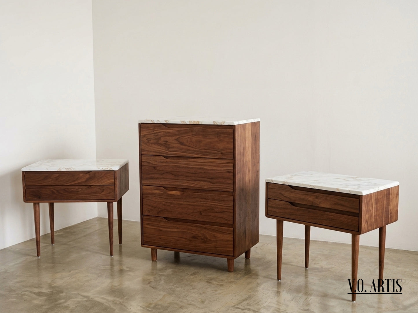Solid Oak Walnut 4-Drawer Dresser | Marble Top Chest | Handmade Spain
