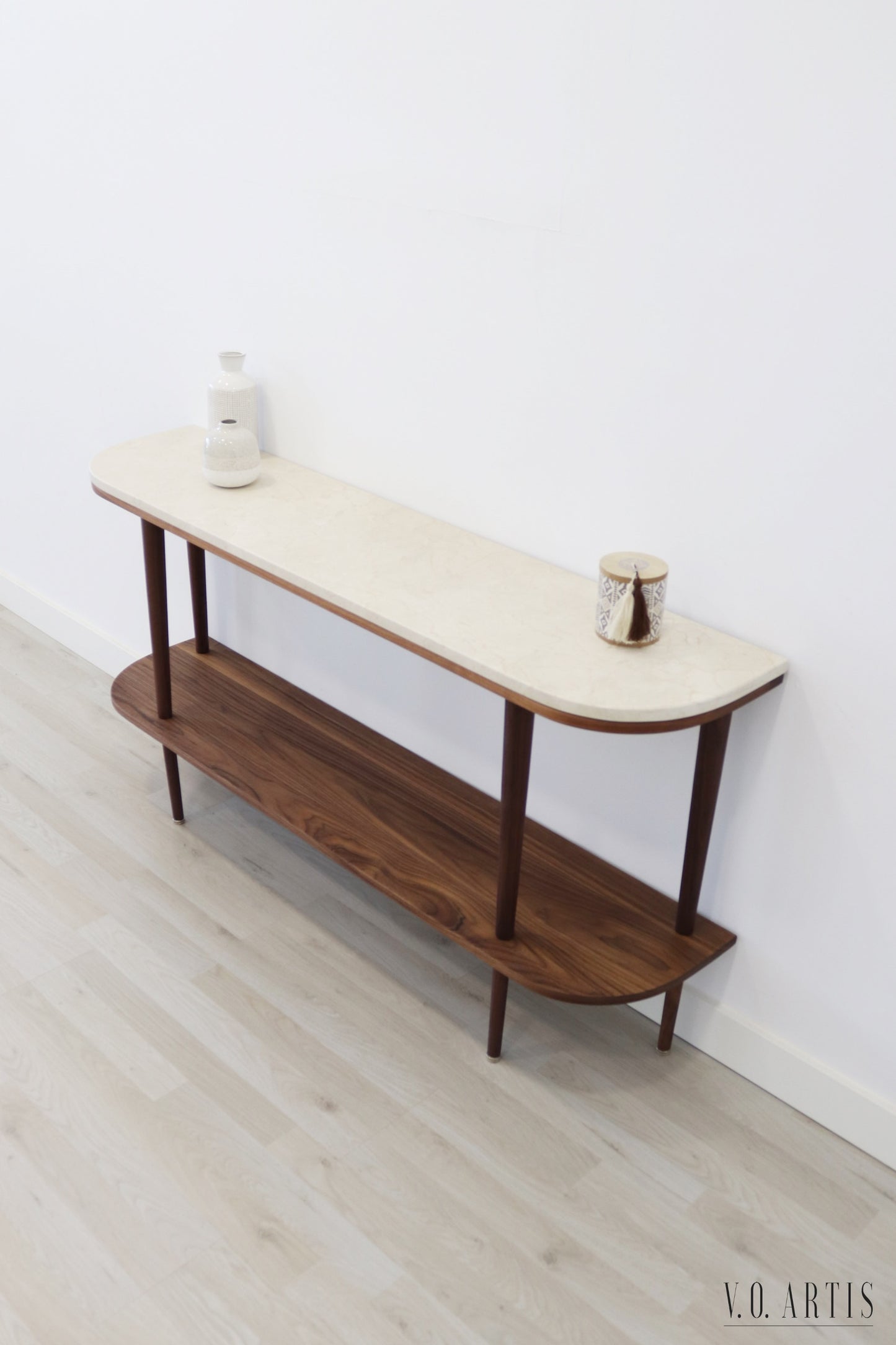 Console table with shelf in solid American Walnut wood and marble top.