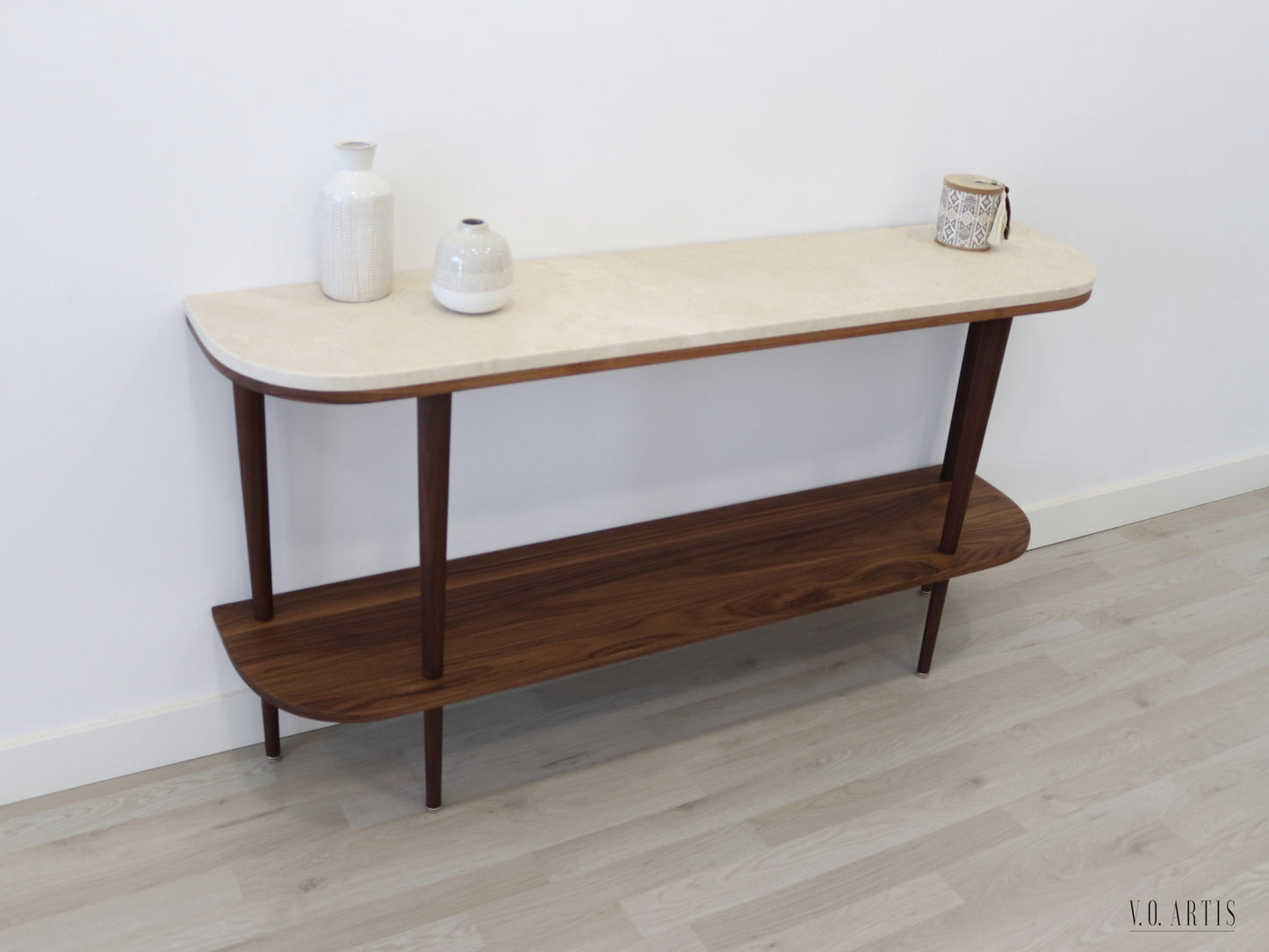 Console table with shelf in solid American Walnut wood and marble top.