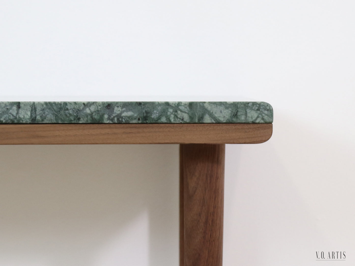 Narrow console table with 4 Legs in solid American Walnut and Marble top