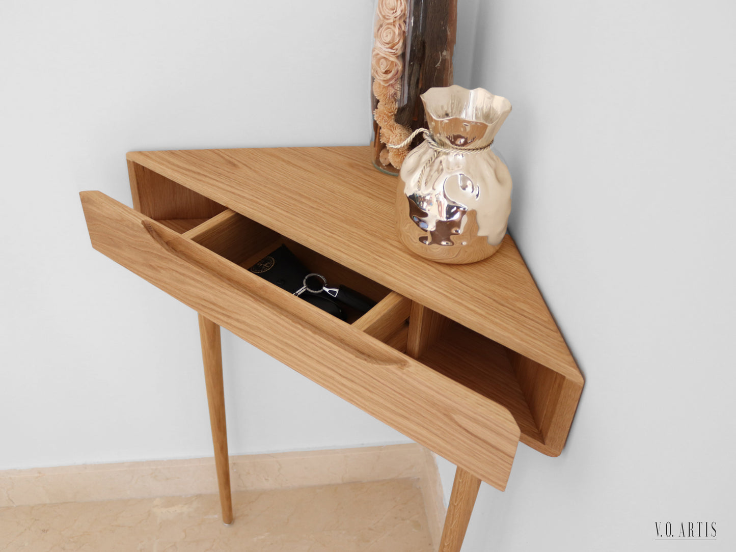 Corner console table in Solid Walnut or Oak