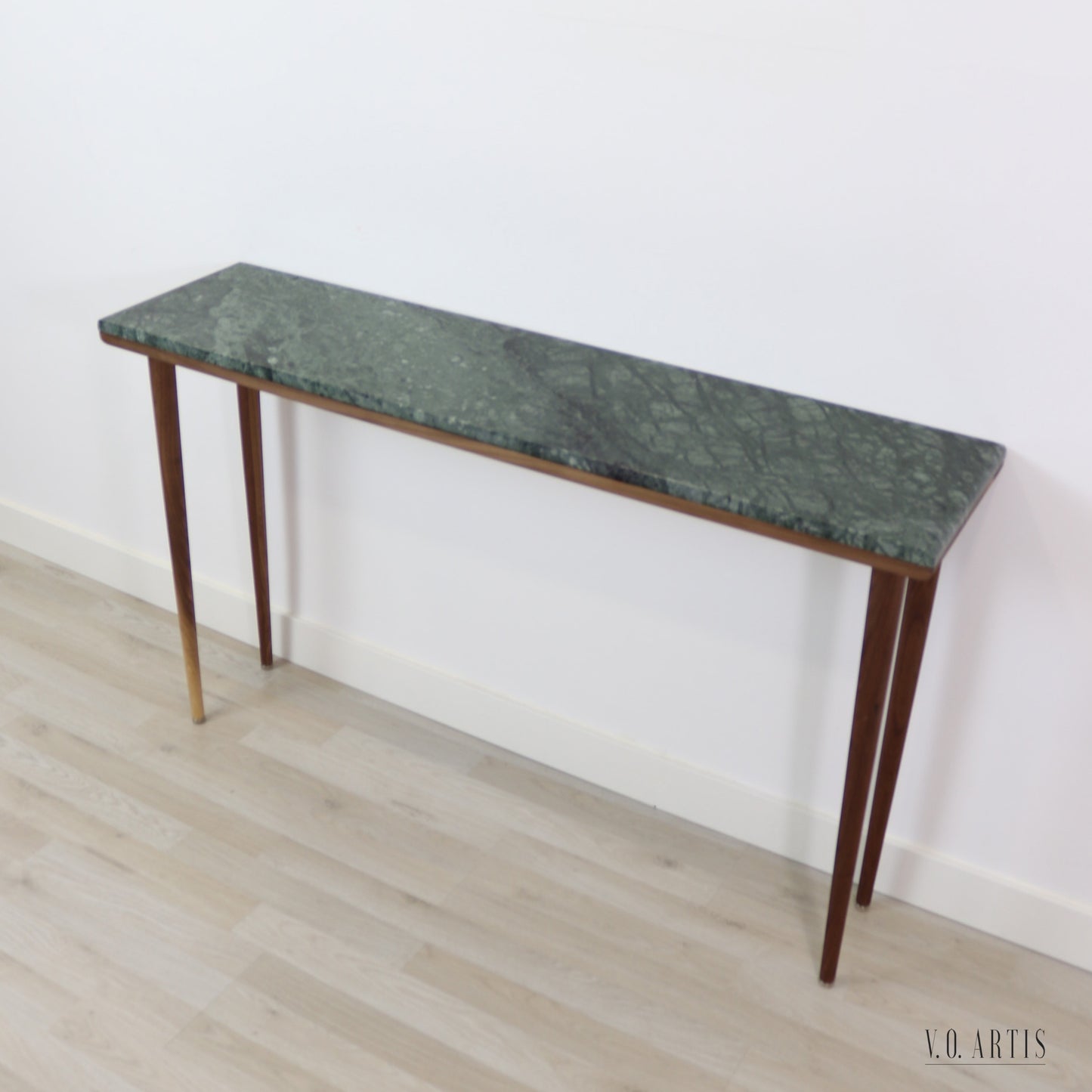 Narrow console table with 4 Legs in solid American Walnut and Marble top