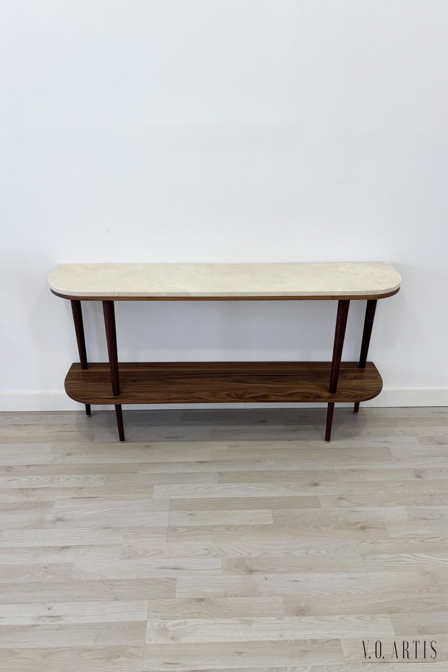 Console table with shelf in solid American Walnut wood and marble top.