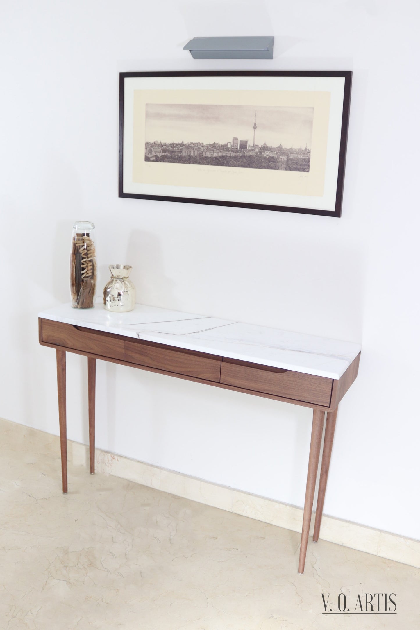 Console table with 3 drawers and 4 Legs in solid American Walnut with Marble top