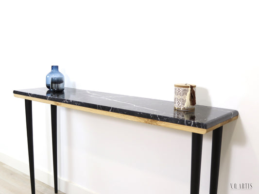 Console table narrow with 4 Legs in solid american Oak and Marble top