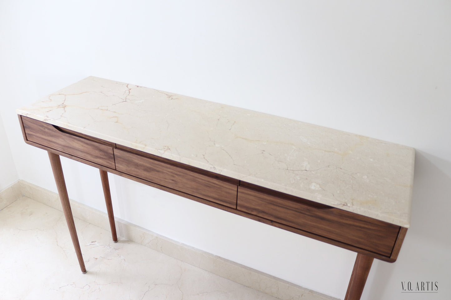 Console table with 3 drawers and 4 Legs in solid American Walnut with Marble top