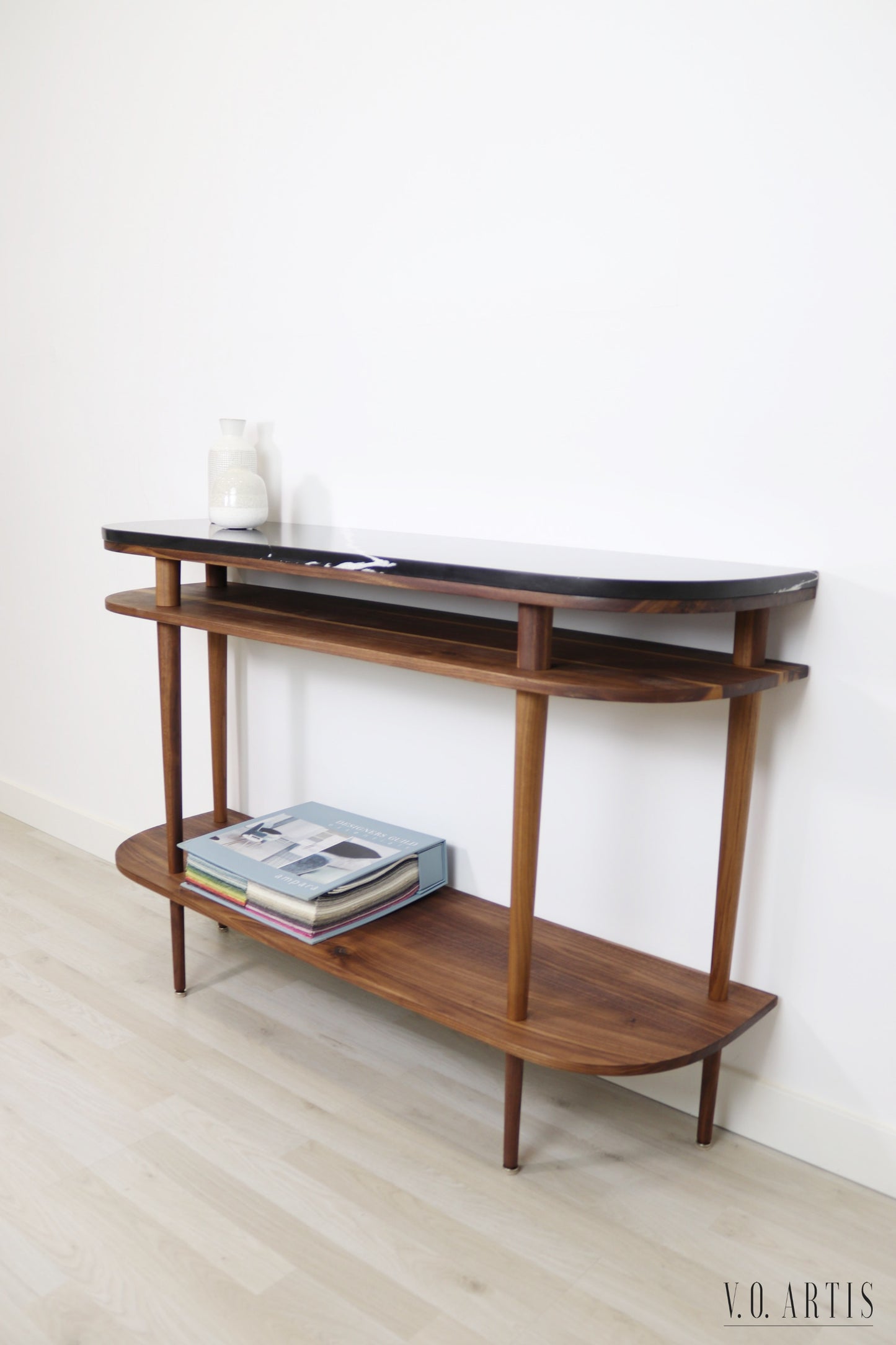 Console table with shelves in solid American Oak or Walnut and marble top.