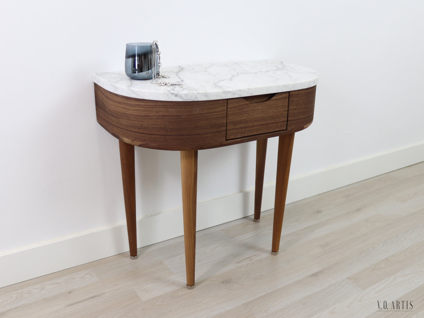 Pair of nightstands, 2 Bedside tables,  in solid Walnut or Oak, with drawer and marble top