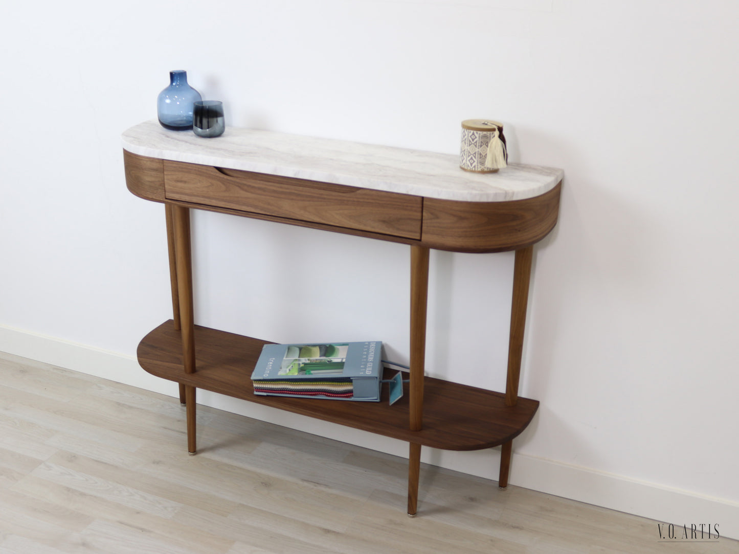 Console Table with  drawer, shelf and 4 Legs in solid American  Walnut with Marble top