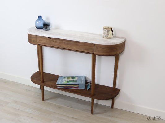 Console Table with  drawer, shelf and 4 Legs in solid American  Walnut with Marble top