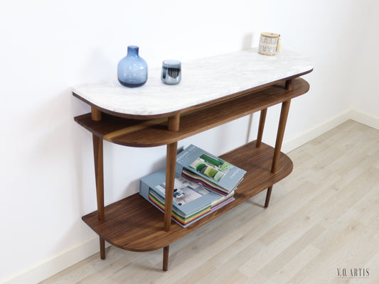 Console table with shelves in solid American Oak or Walnut and marble top.