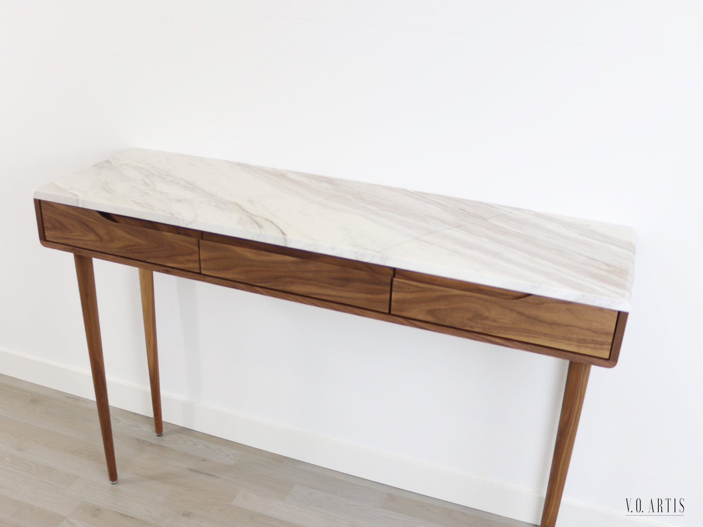 Console table with 3 drawers and 4 Legs in solid American Walnut with Marble top