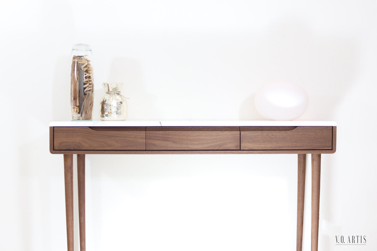 Console table with 3 drawers and 4 Legs in solid American Walnut with Marble top