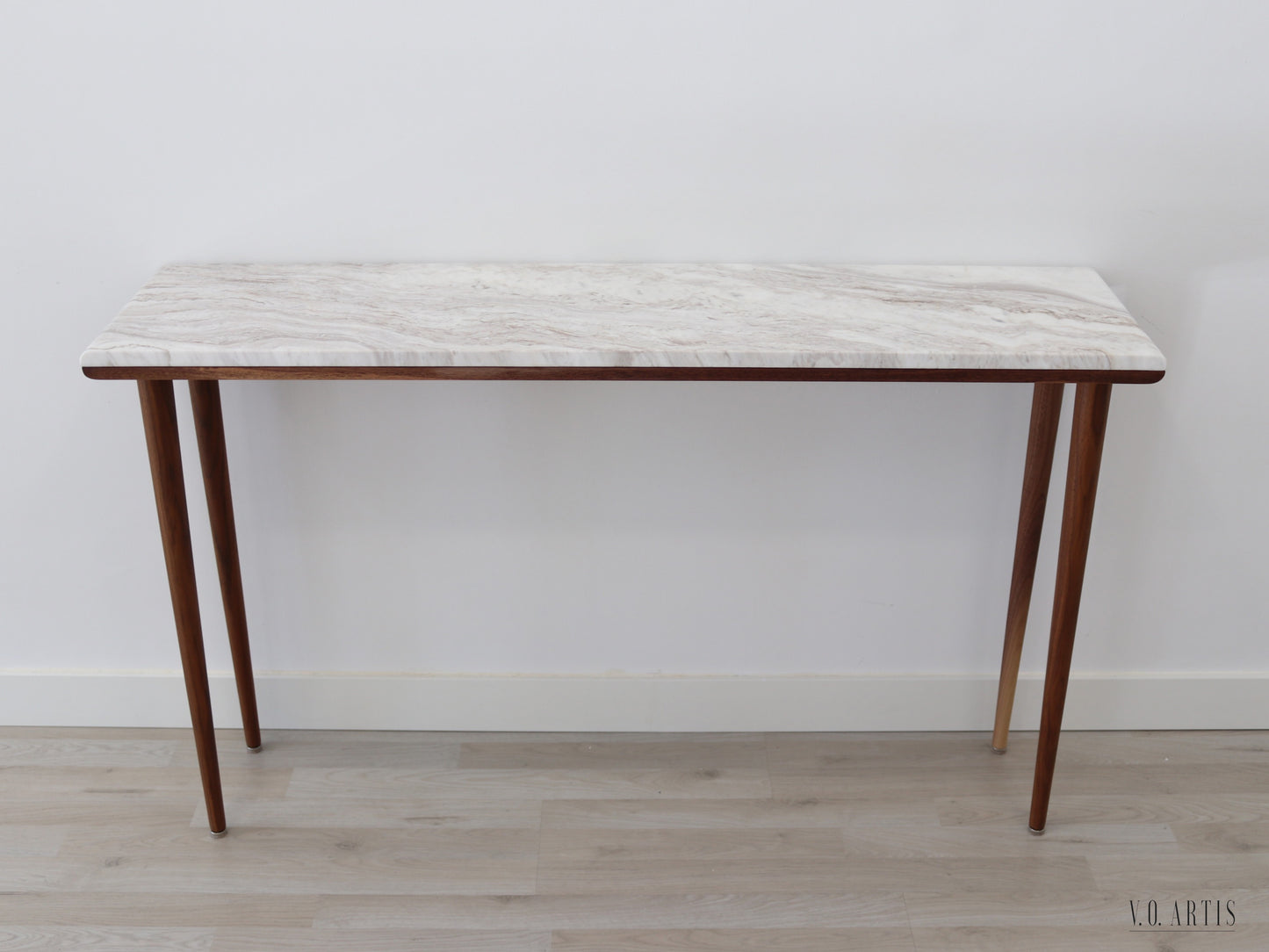 Narrow console table with 4 Legs in solid American Walnut and Marble top