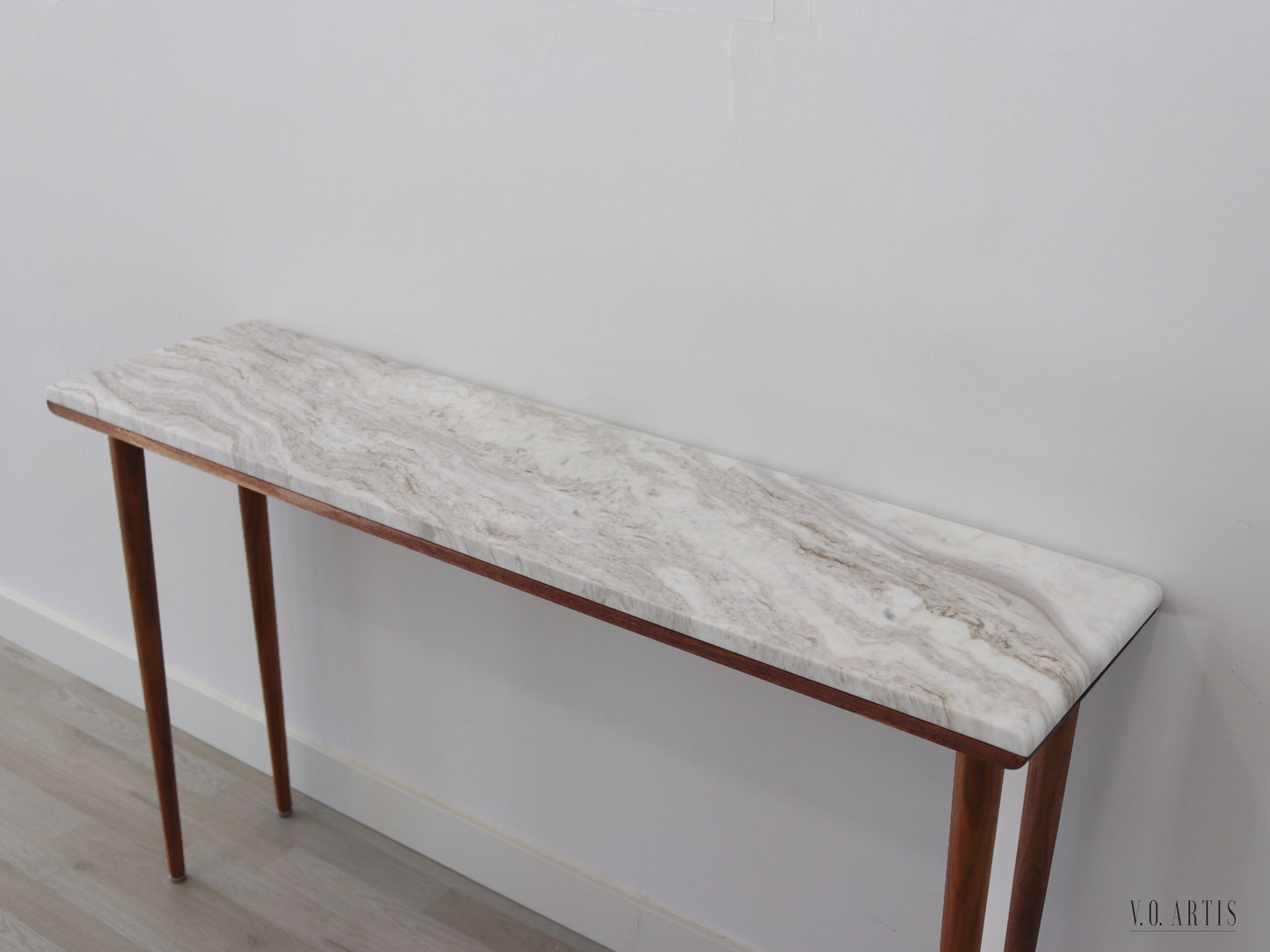 Narrow console table with 4 Legs in solid American Walnut and Marble top