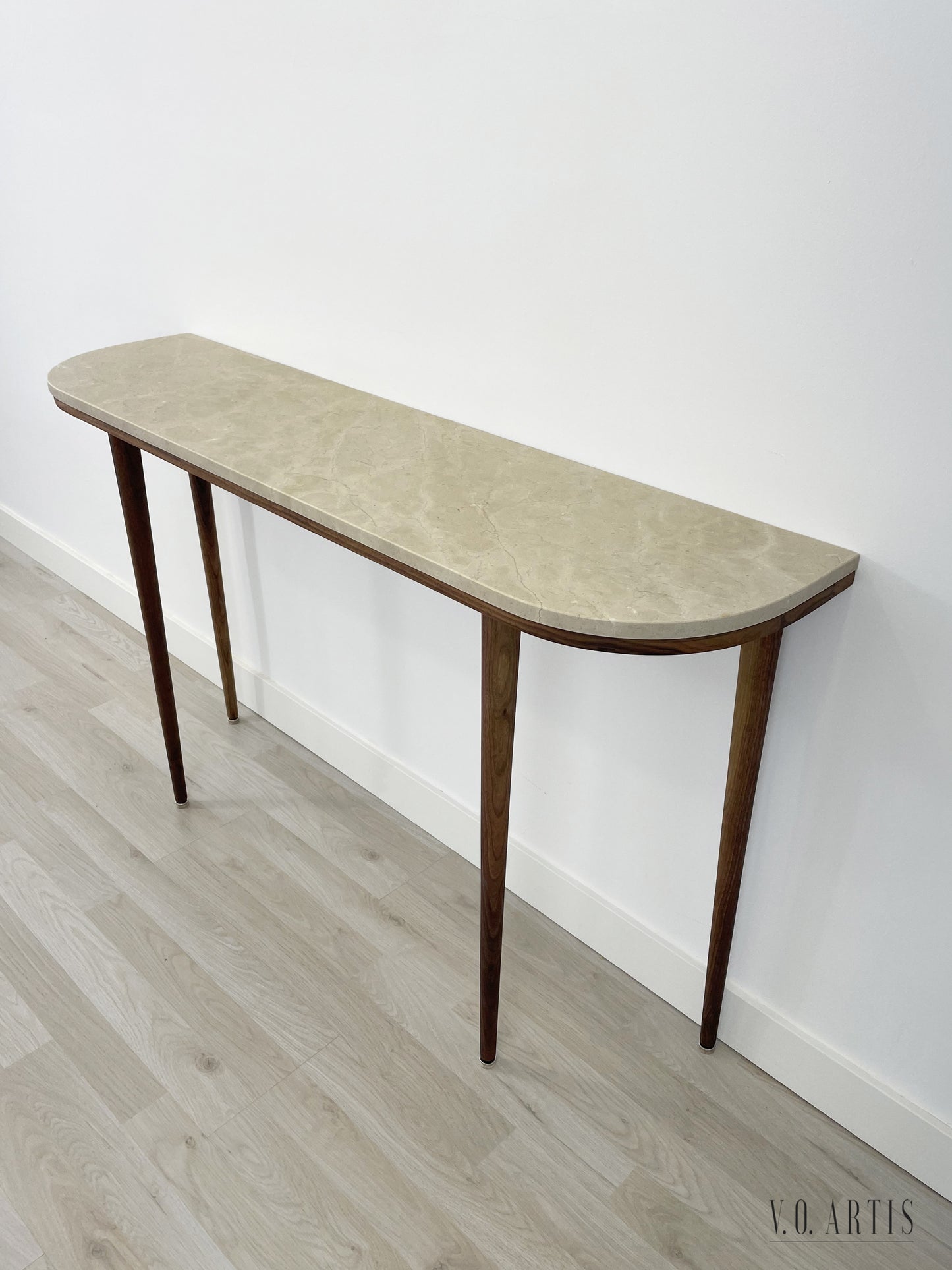 Curve console table narrow with 4 Legs in solid American Walnut and Marble top