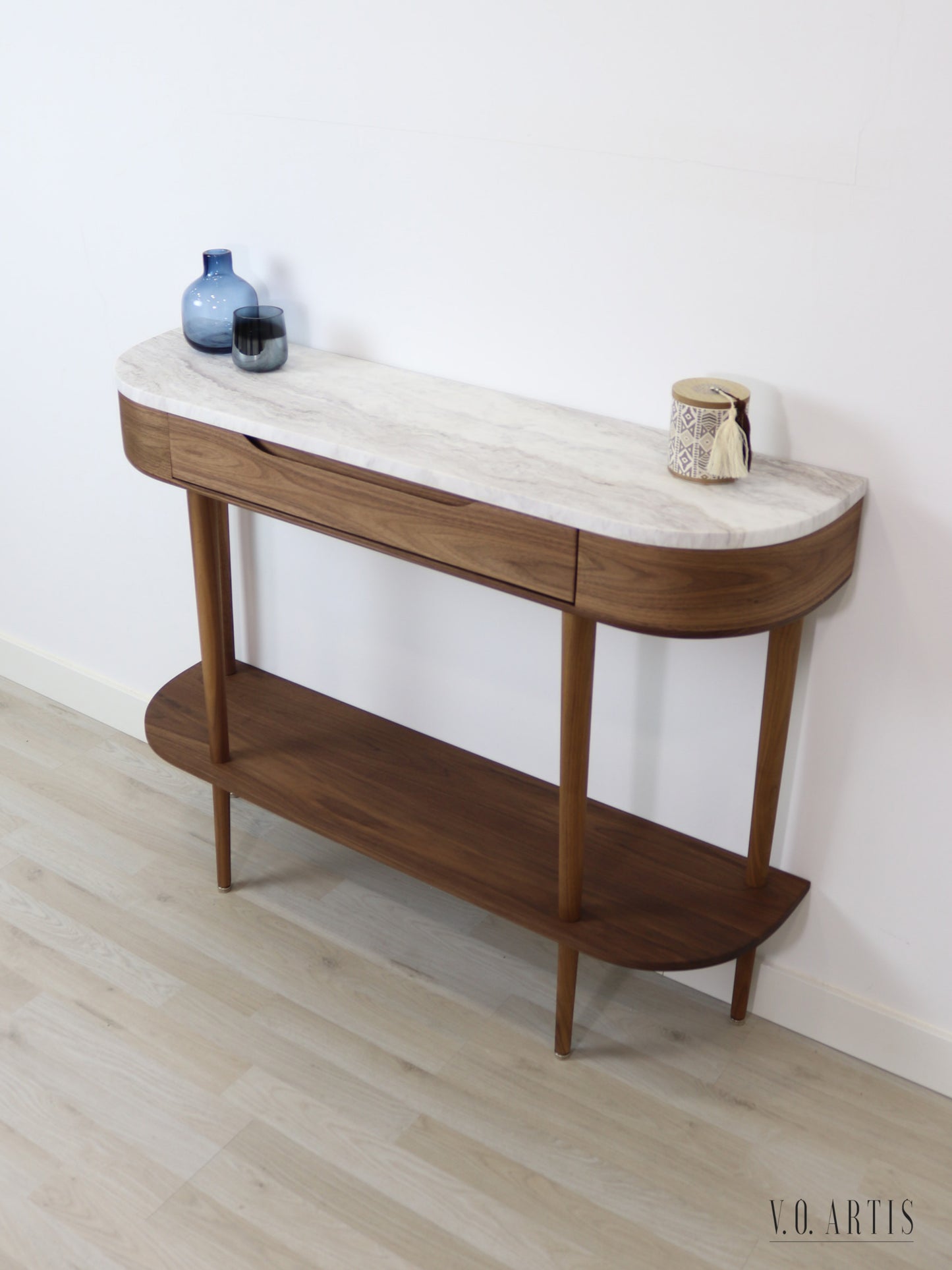 Console Table with  drawer, shelf and 4 Legs in solid American  Walnut with Marble top