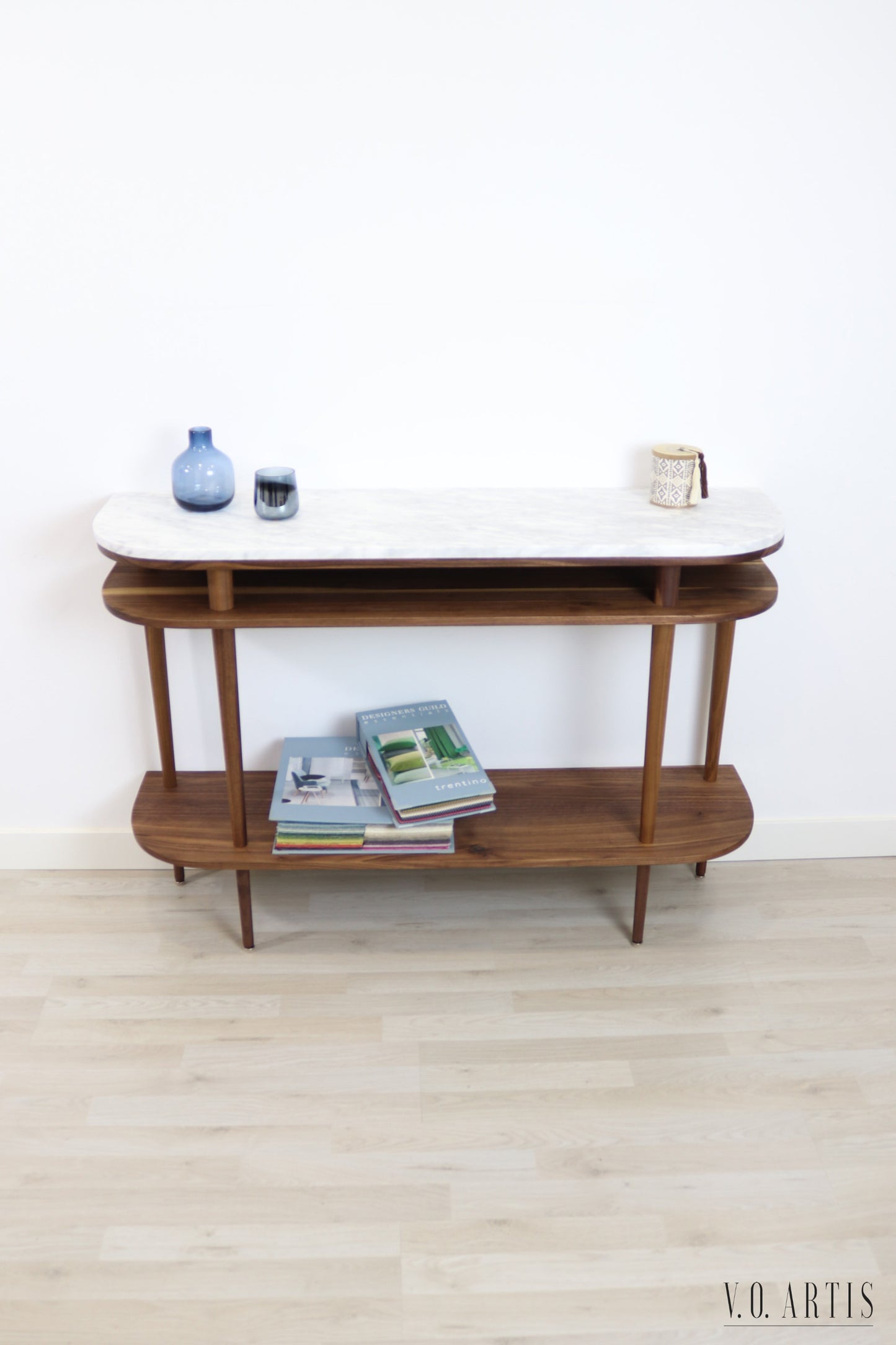 Console table with shelves in solid American Oak or Walnut and marble top.