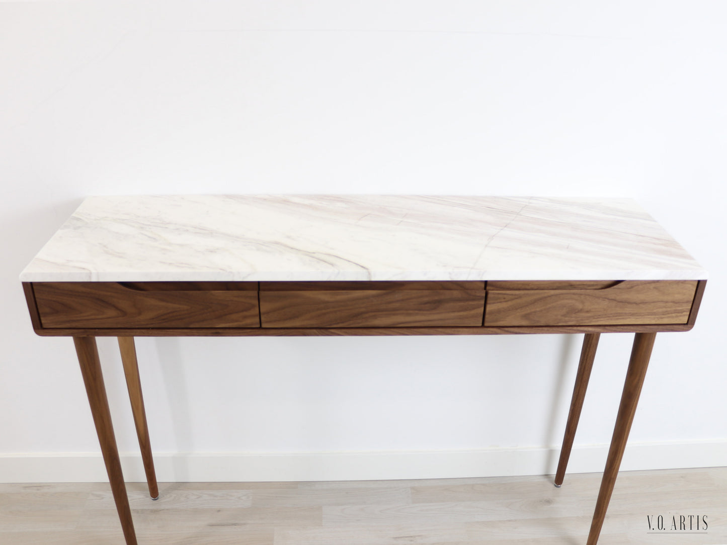 Console table with 3 drawers and 4 Legs in solid American Walnut with Marble top