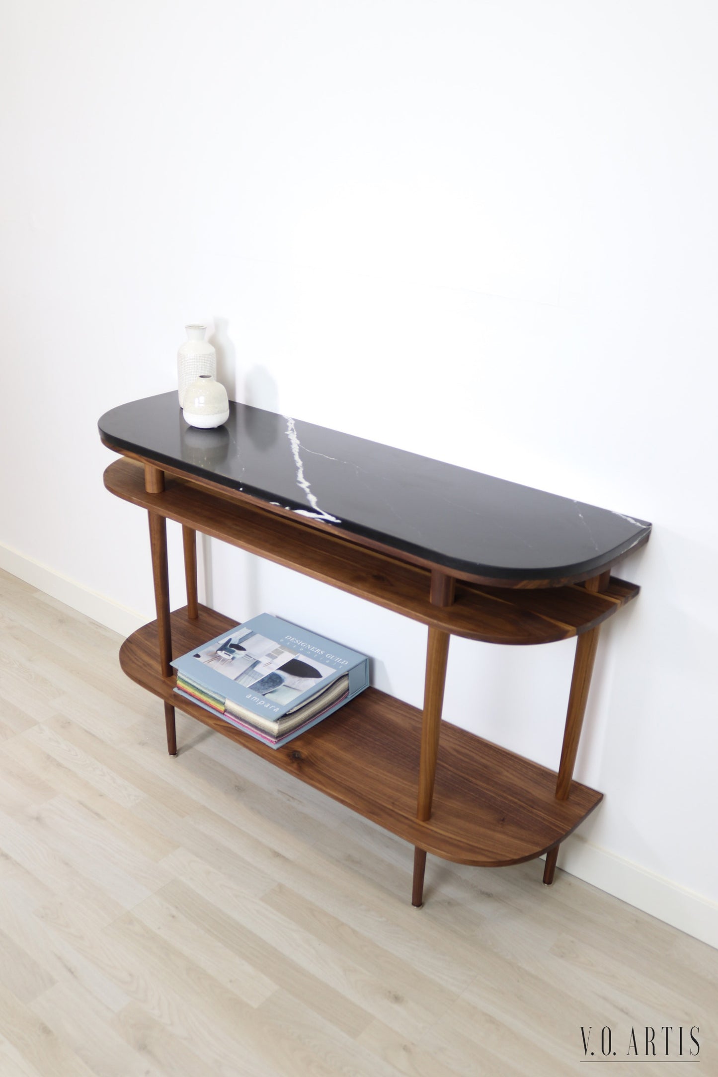 Console table with shelves in solid American Oak or Walnut and marble top.