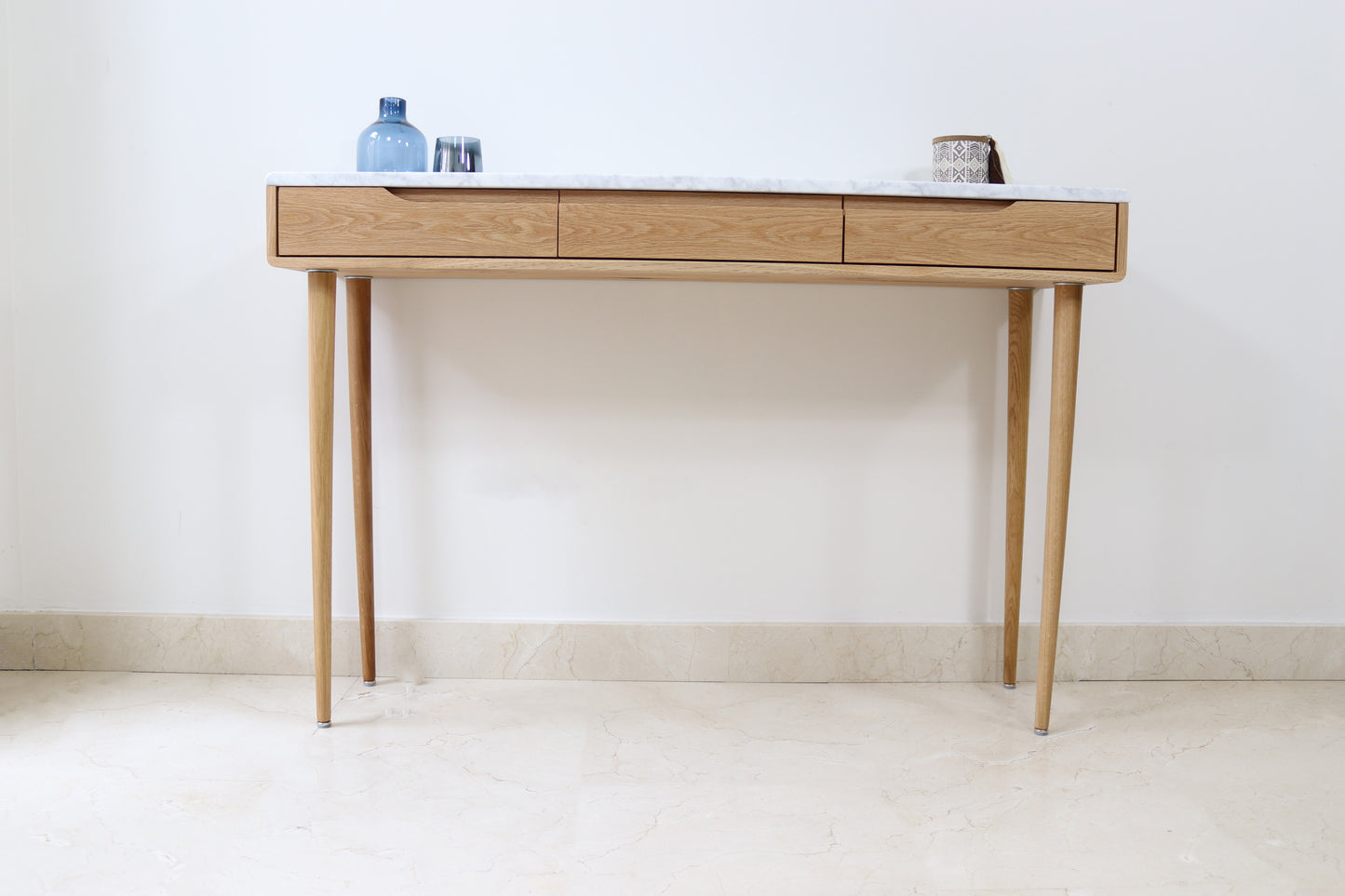 Console table with 3 drawers and 4 Legs in solid American Oak  with Marble top