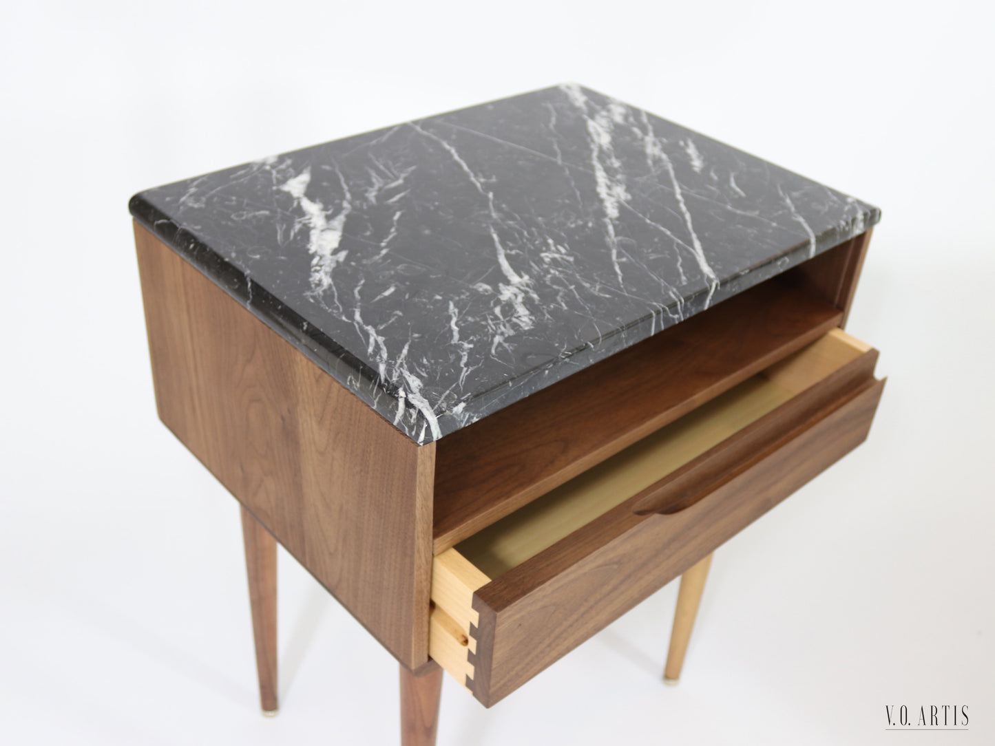 Bedside table with marble top, shelf and lower drawer in solid Walnut