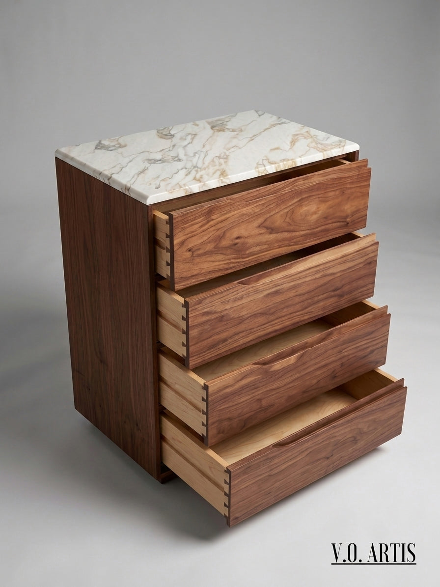 Solid Oak Walnut 4-Drawer Dresser | Marble Top Chest | Handmade Spain