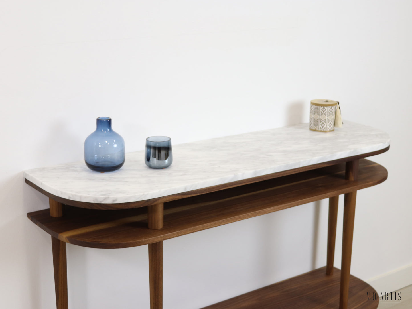 Console table with shelves in solid American Oak or Walnut and marble top.