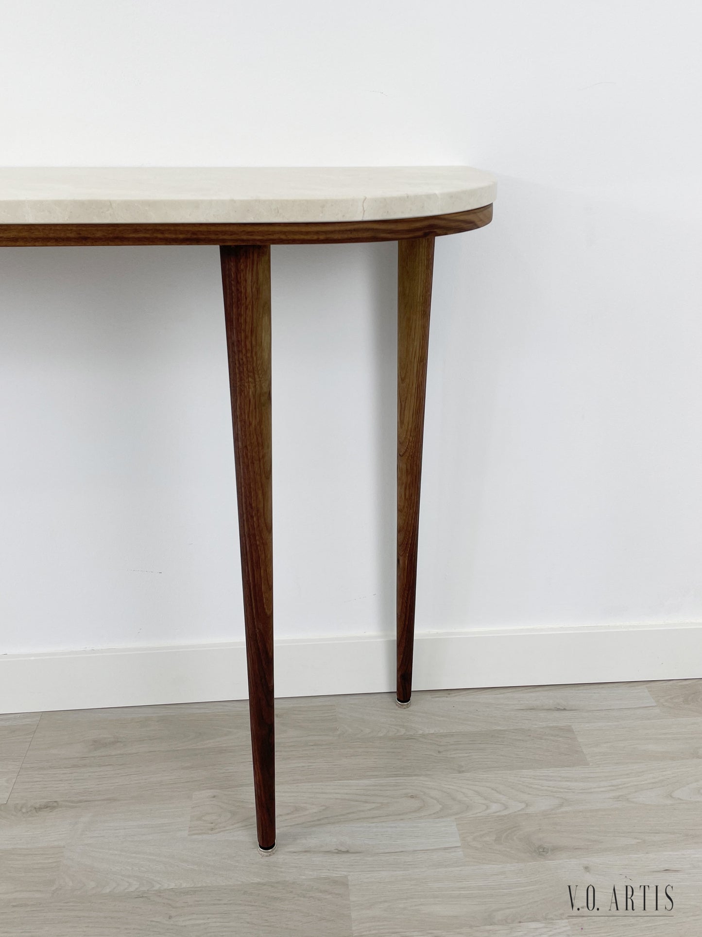 Curve console table narrow with 4 Legs in solid American Walnut and Marble top