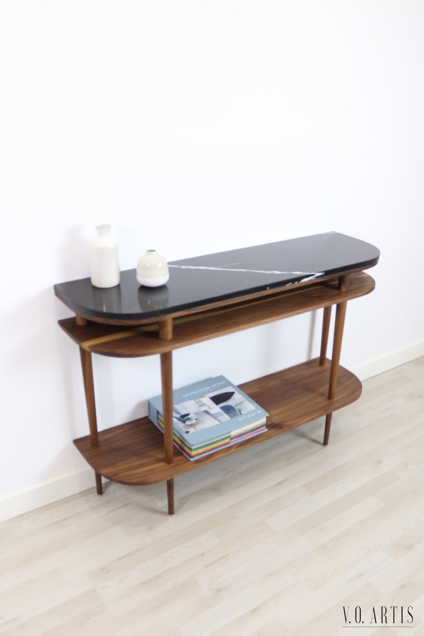 Console table with shelves in solid American Oak or Walnut and marble top.