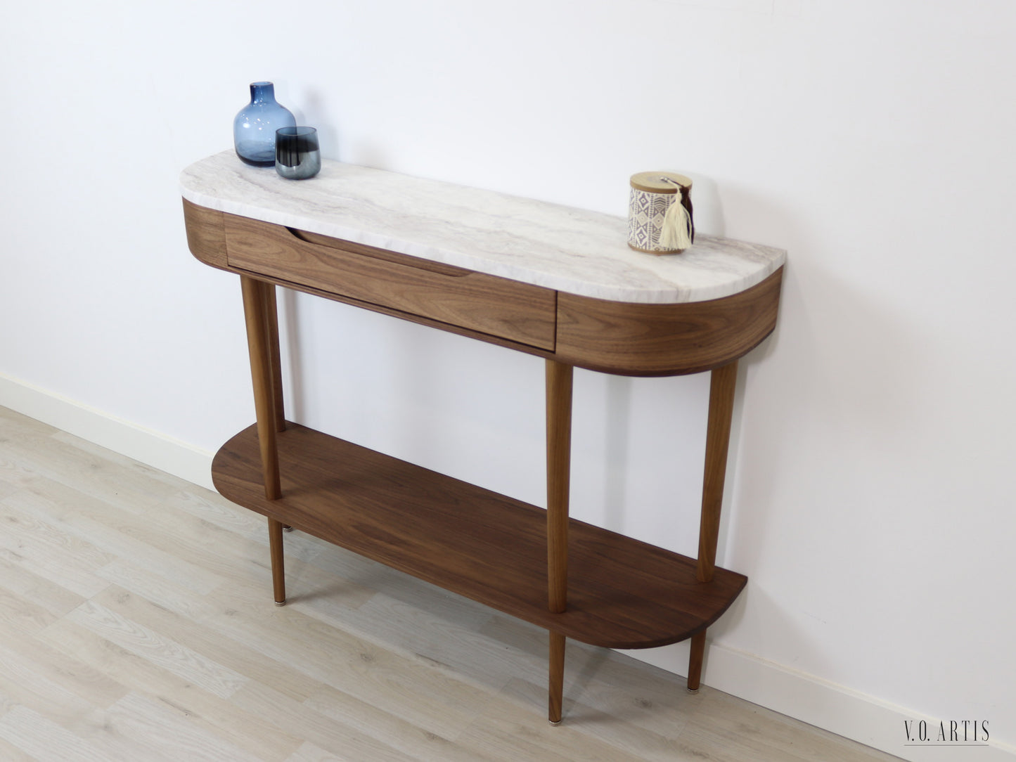 Console Table with  drawer, shelf and 4 Legs in solid American  Walnut with Marble top