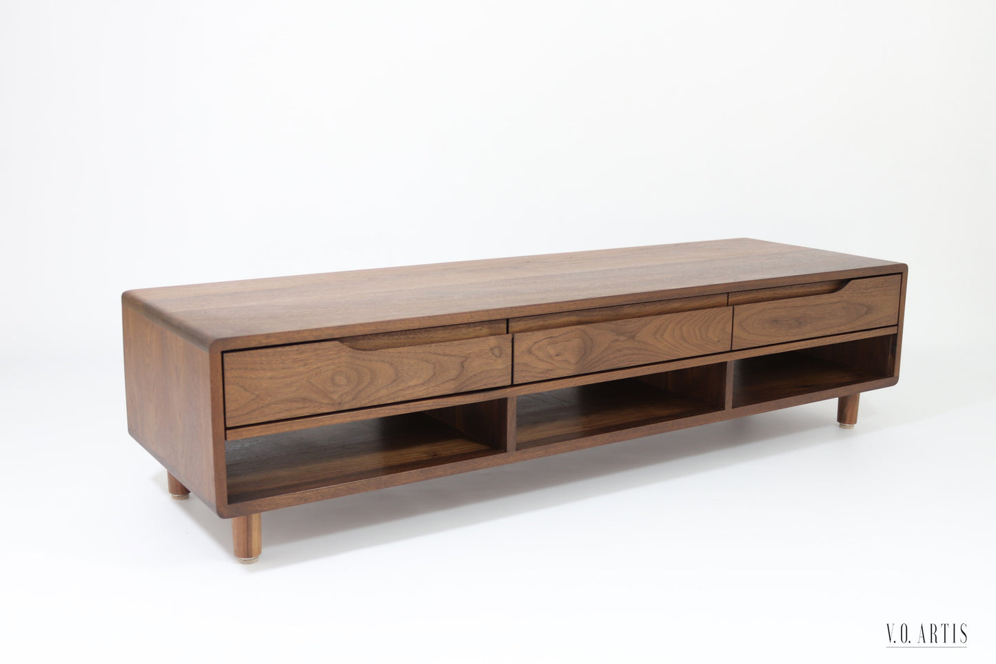 TV Stand, TV Cabinet, TV Console with 3 drawers and shelves in solid American Walnut or Oak