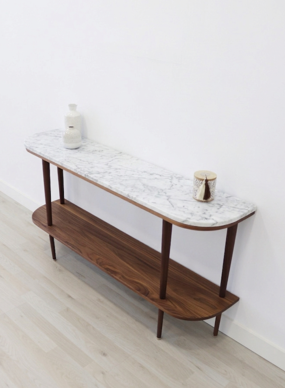 Console table with shelf in solid American Walnut wood and marble top.