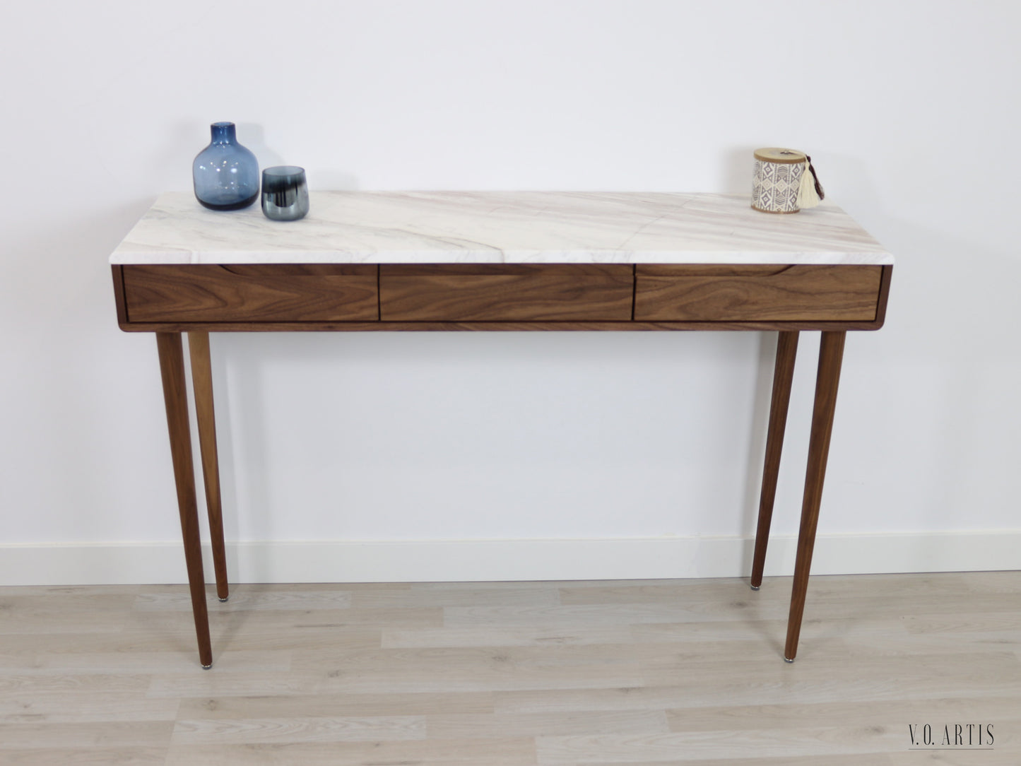 Console table with 3 drawers and 4 Legs in solid American Walnut with Marble top