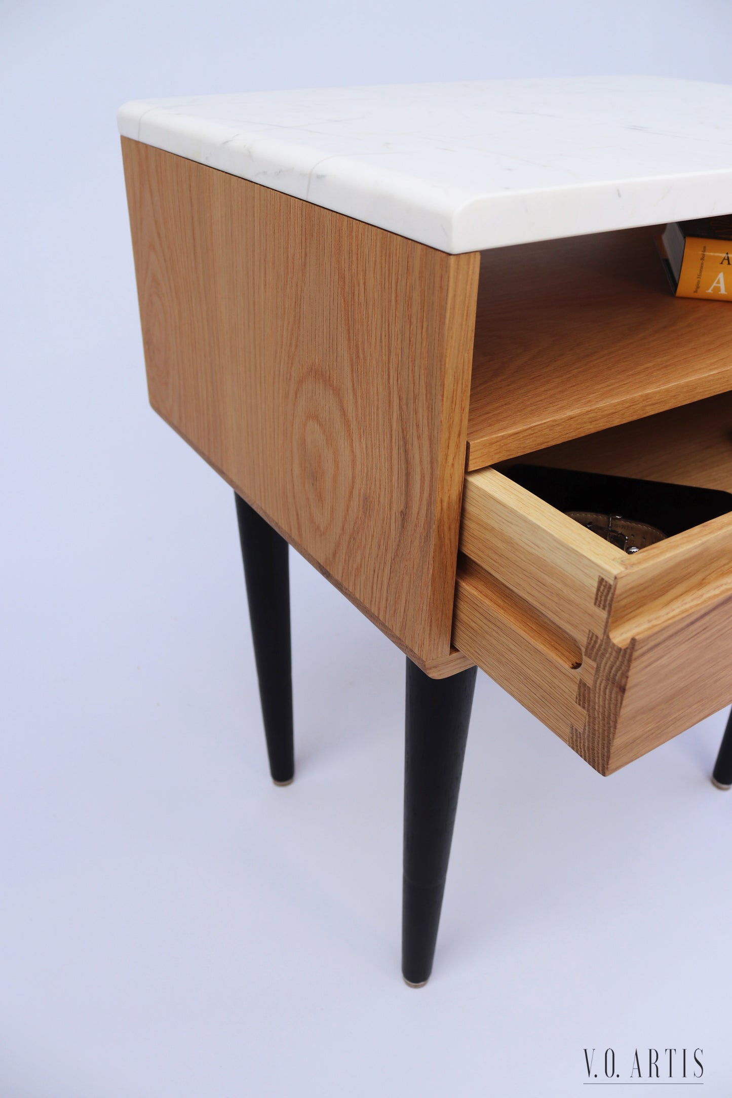 Nightstand with marble top, shelf and lower drawer in solid Oak