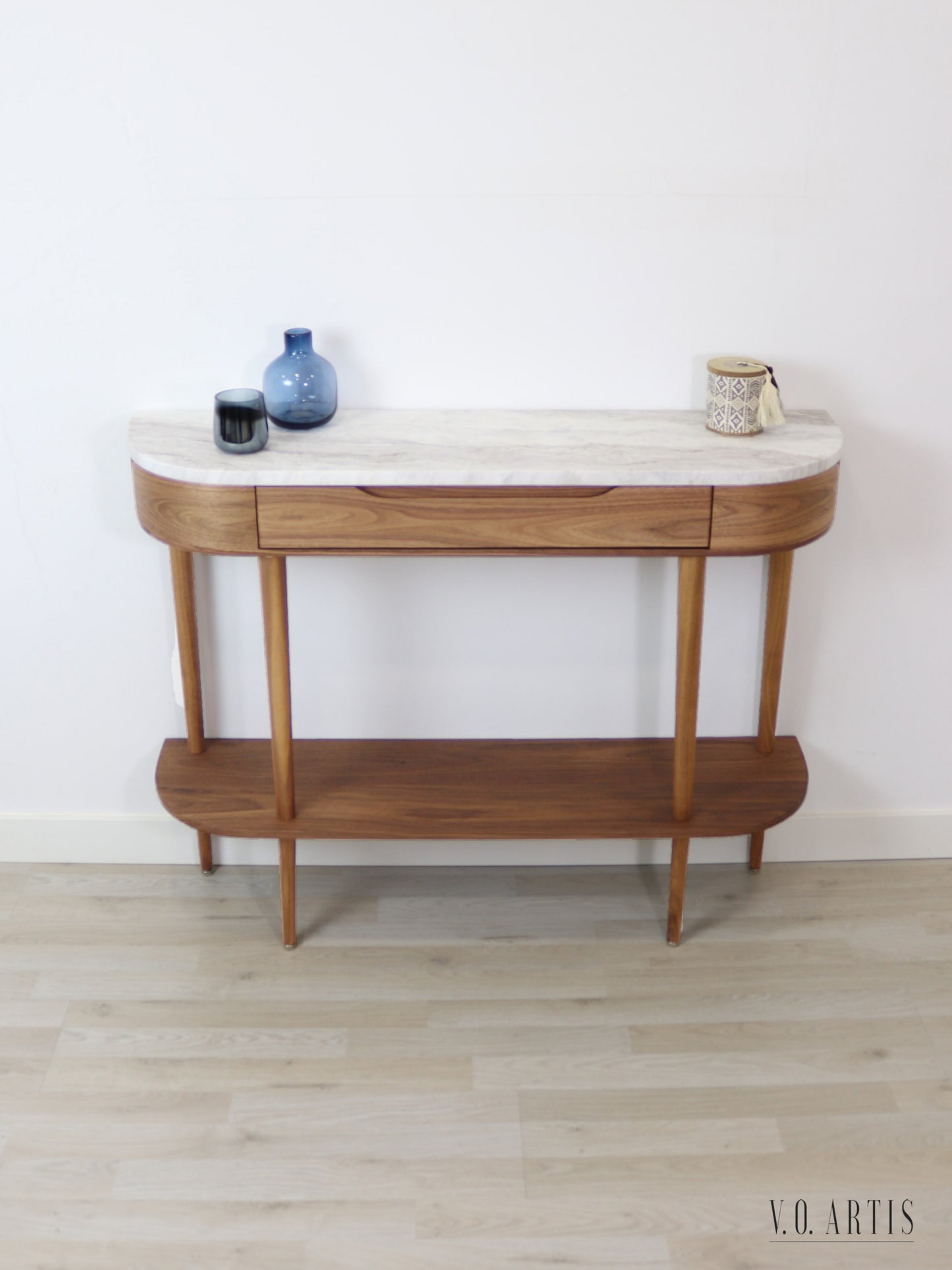 Console Table with  drawer, shelf and 4 Legs in solid American  Walnut with Marble top