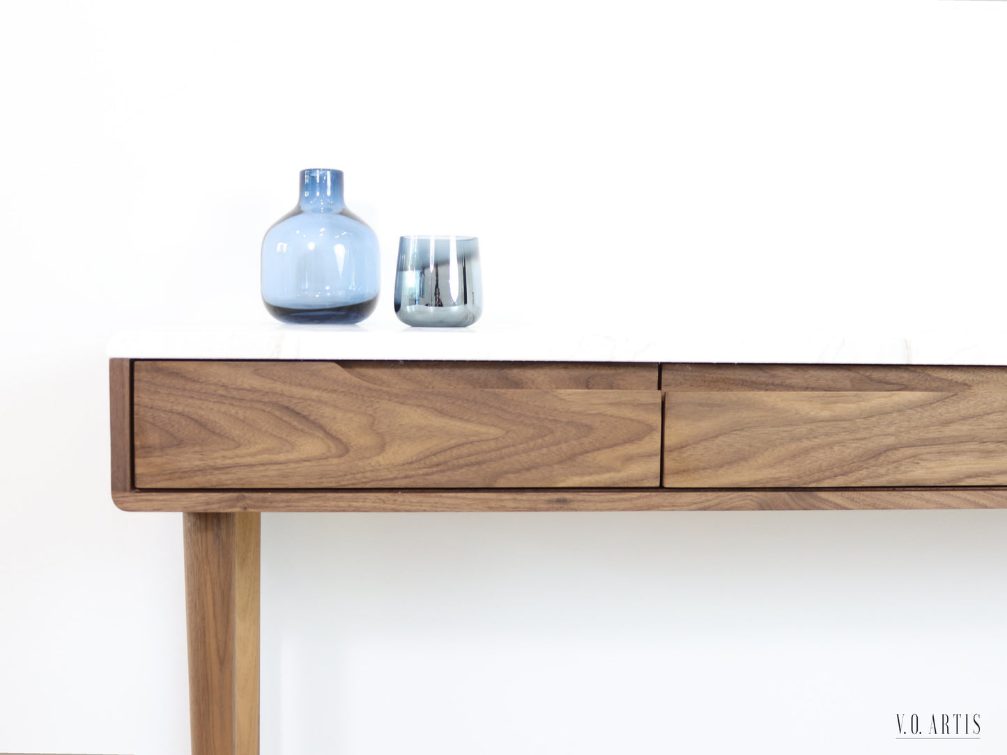 Console table with 3 drawers and 4 Legs in solid American Walnut with Marble top