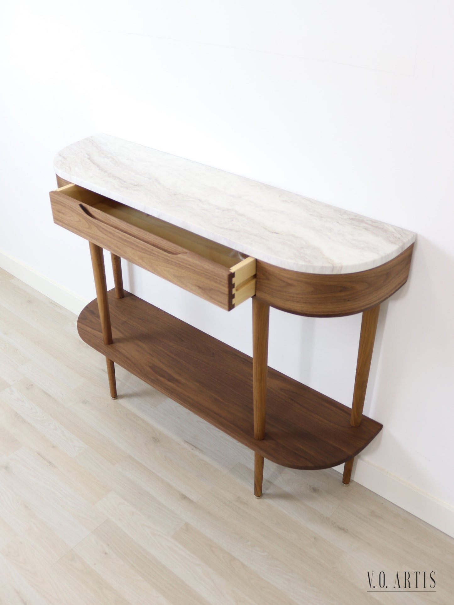 Console Table with  drawer, shelf and 4 Legs in solid American  Walnut with Marble top