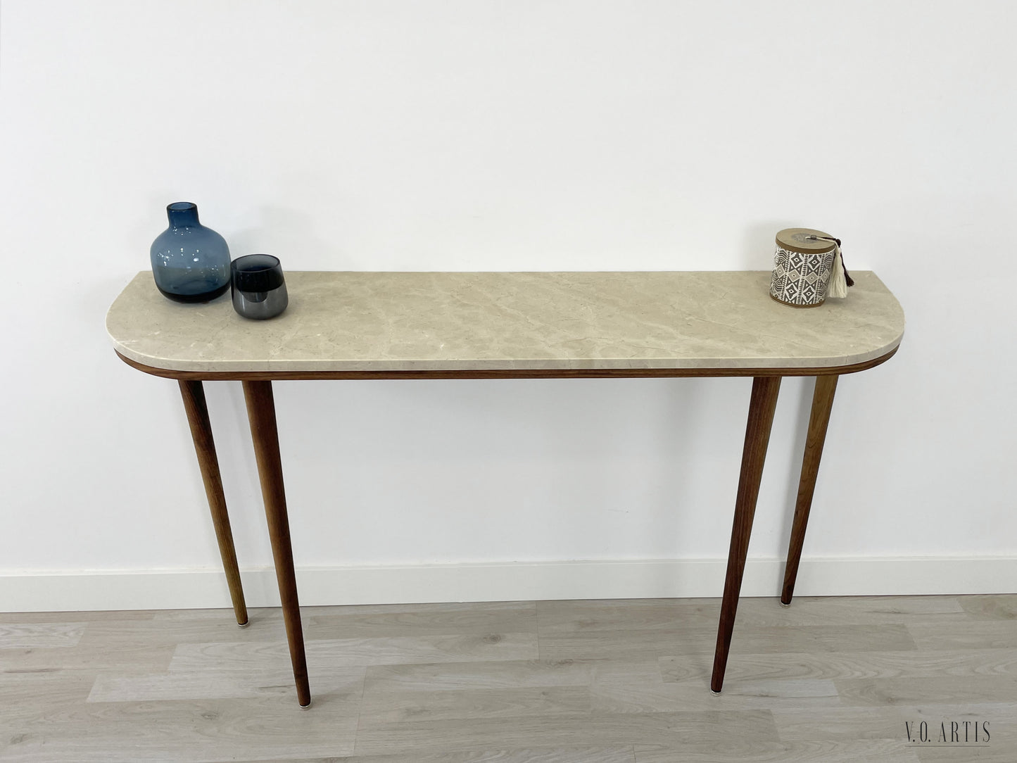 Curve console table narrow with 4 Legs in solid American Walnut and Marble top