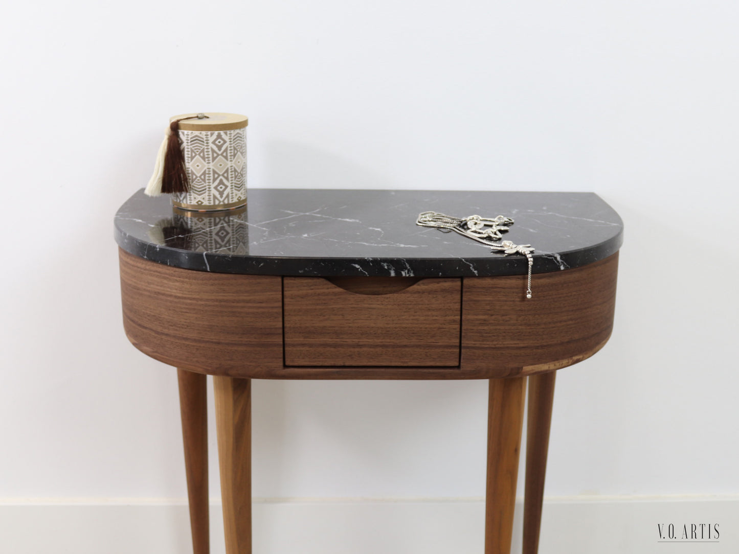 Pair of nightstands, 2 Bedside tables,  in solid Walnut or Oak, with drawer and marble top