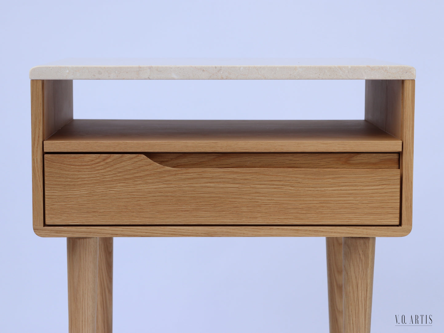 Nightstand with marble top, shelf and lower drawer in solid Oak